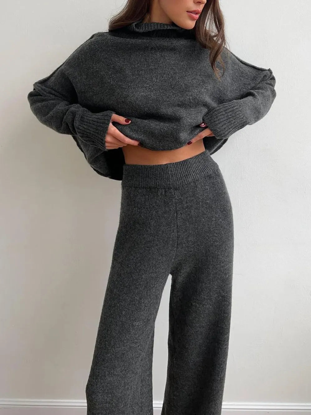 Slit Turtleneck Long Sleeve Top and Pants Sweater Set nicholesgifts