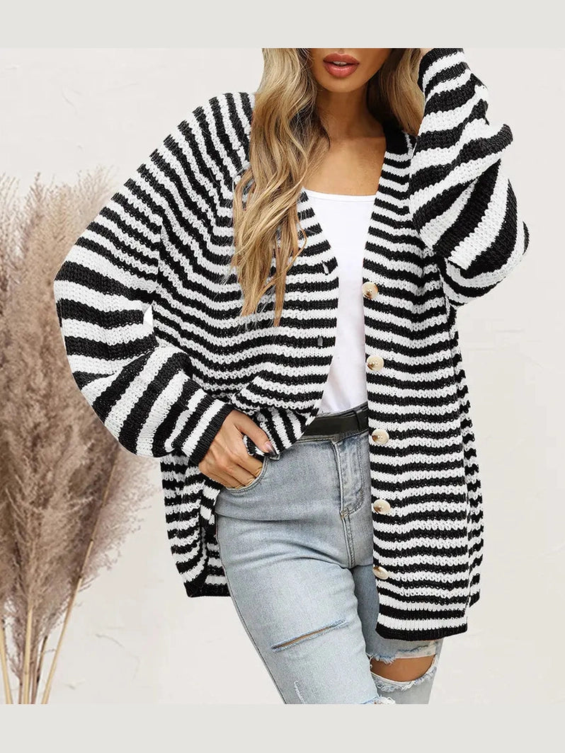 Striped Button Down Long Sleeve Cardigan nicholesgifts