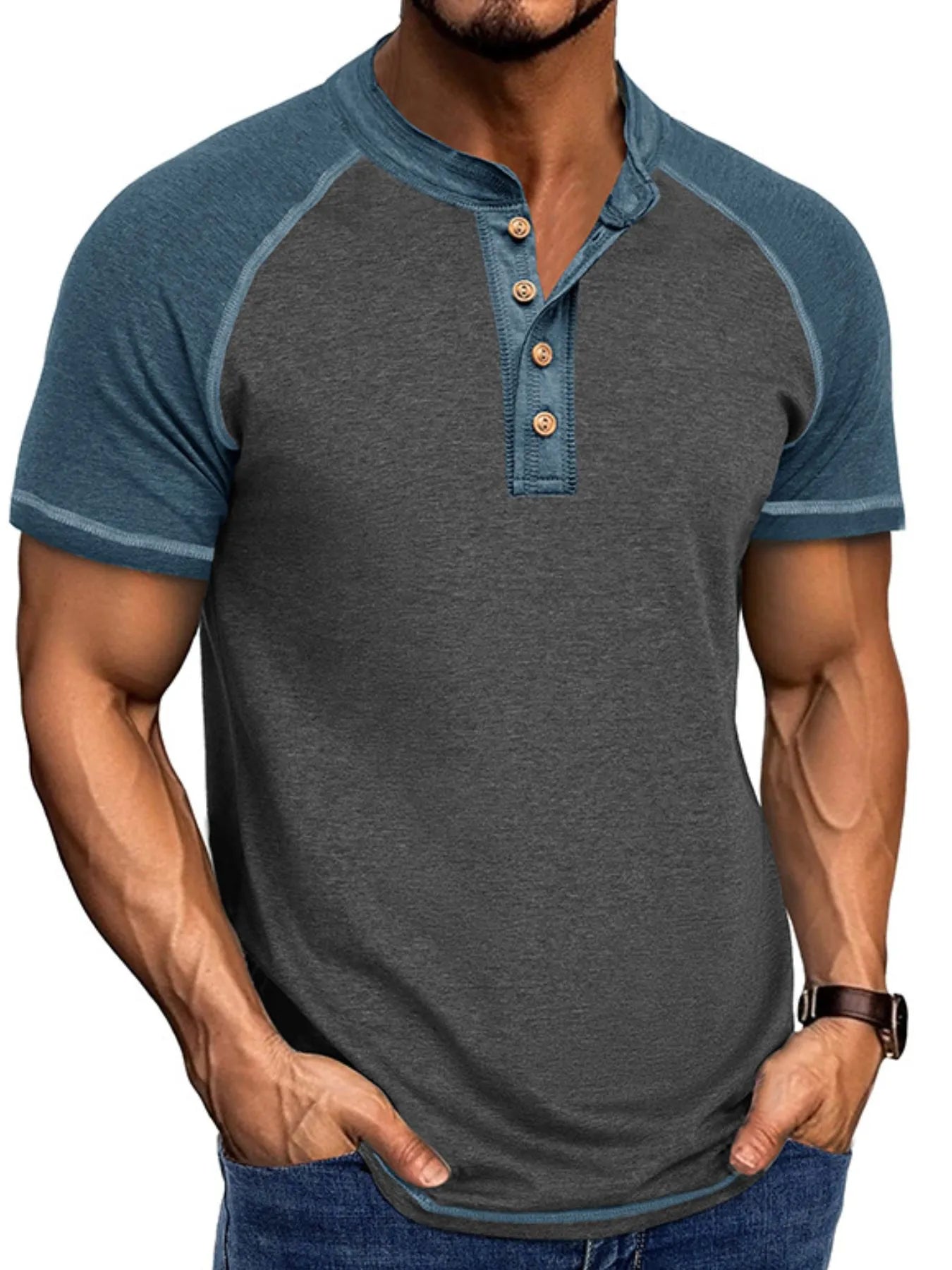 Men's Raglan Henley Color Block T-Shirt Trendsi