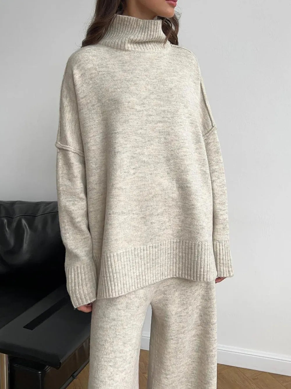 Slit Turtleneck Long Sleeve Top and Pants Sweater Set nicholesgifts