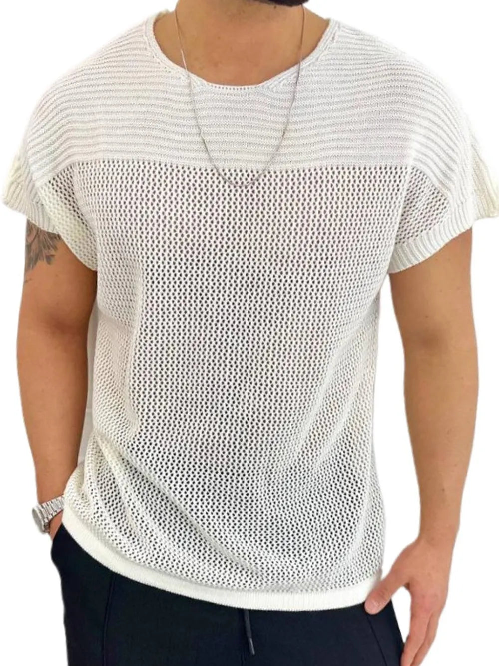 Men's Eyelet Round Neck Short Sleeve T-Shirt Trendsi