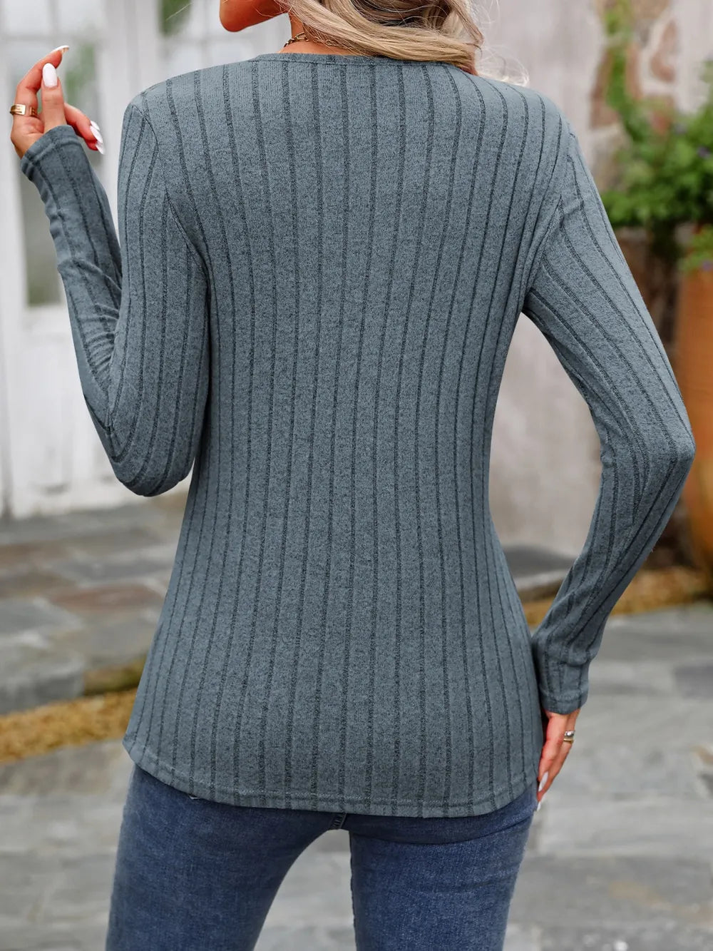 Decorative Button Round Neck Long Sleeve T-Shirt nicholesgifts