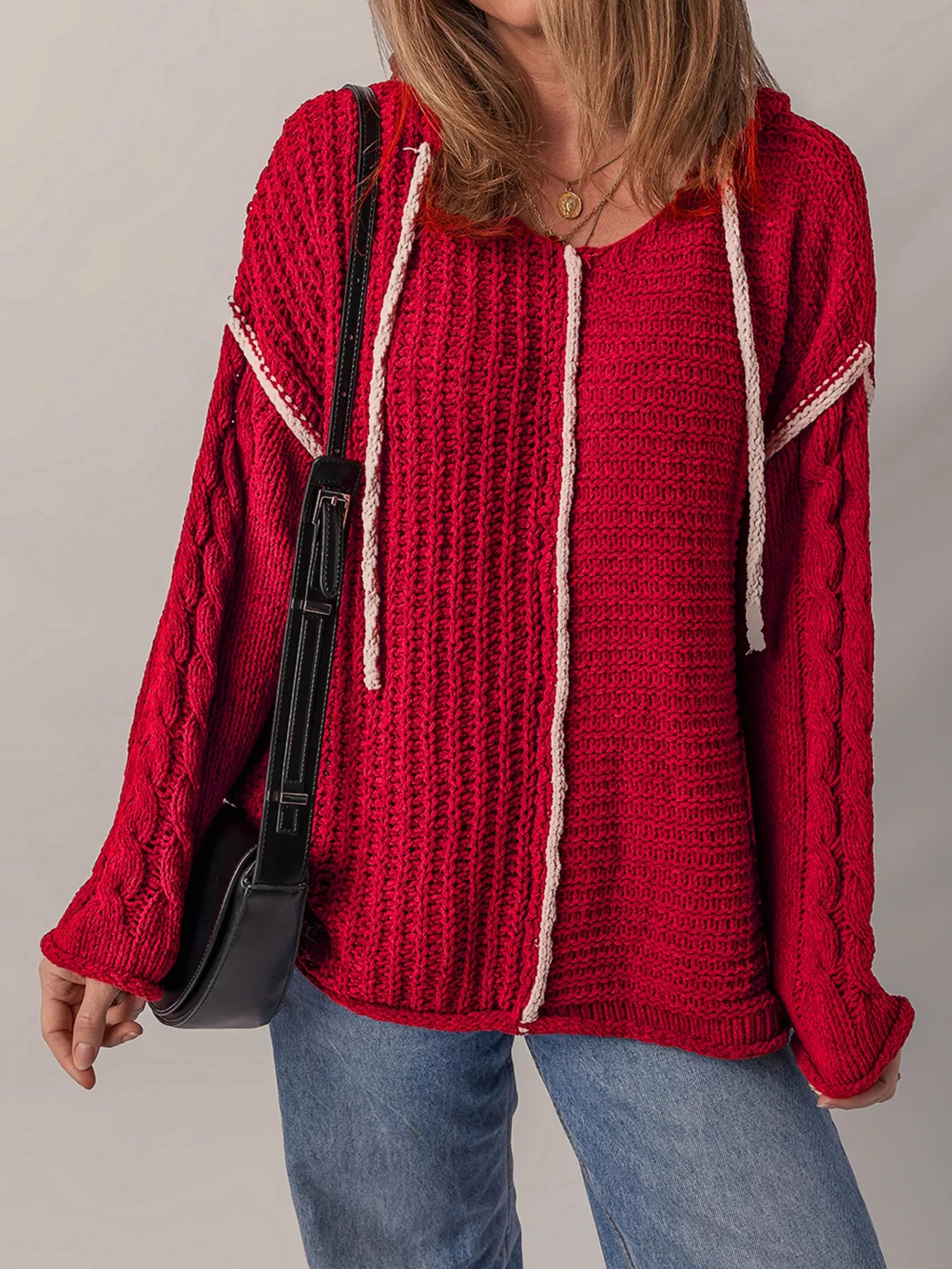Contrast Trim Textured Knit Drawstring Hooded Sweater