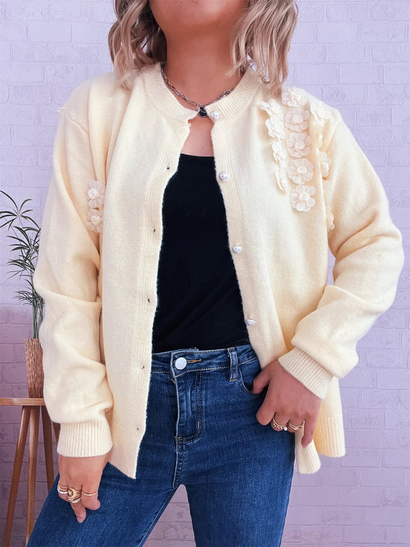 Flower Button Up Long Sleeve Cardigan