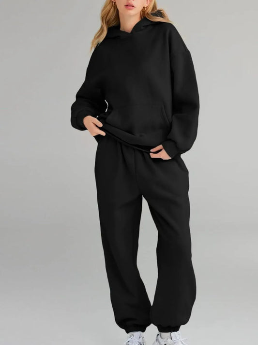 Full Size Kangaroo Pocket Hoodie and Joggers Set Plus Size Trendsi