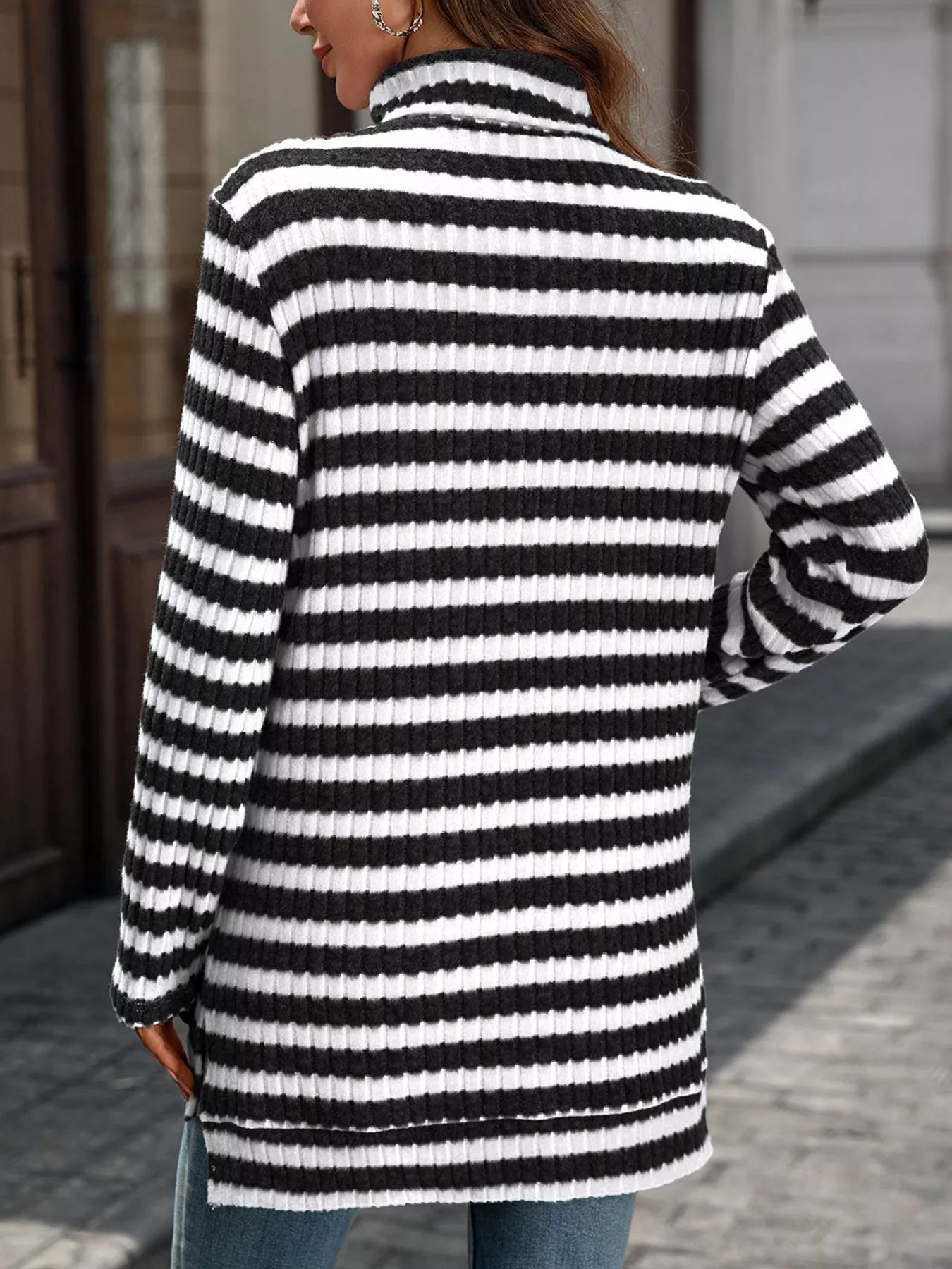 Striped Turtleneck Long Sleeve Knit Top Trendsi