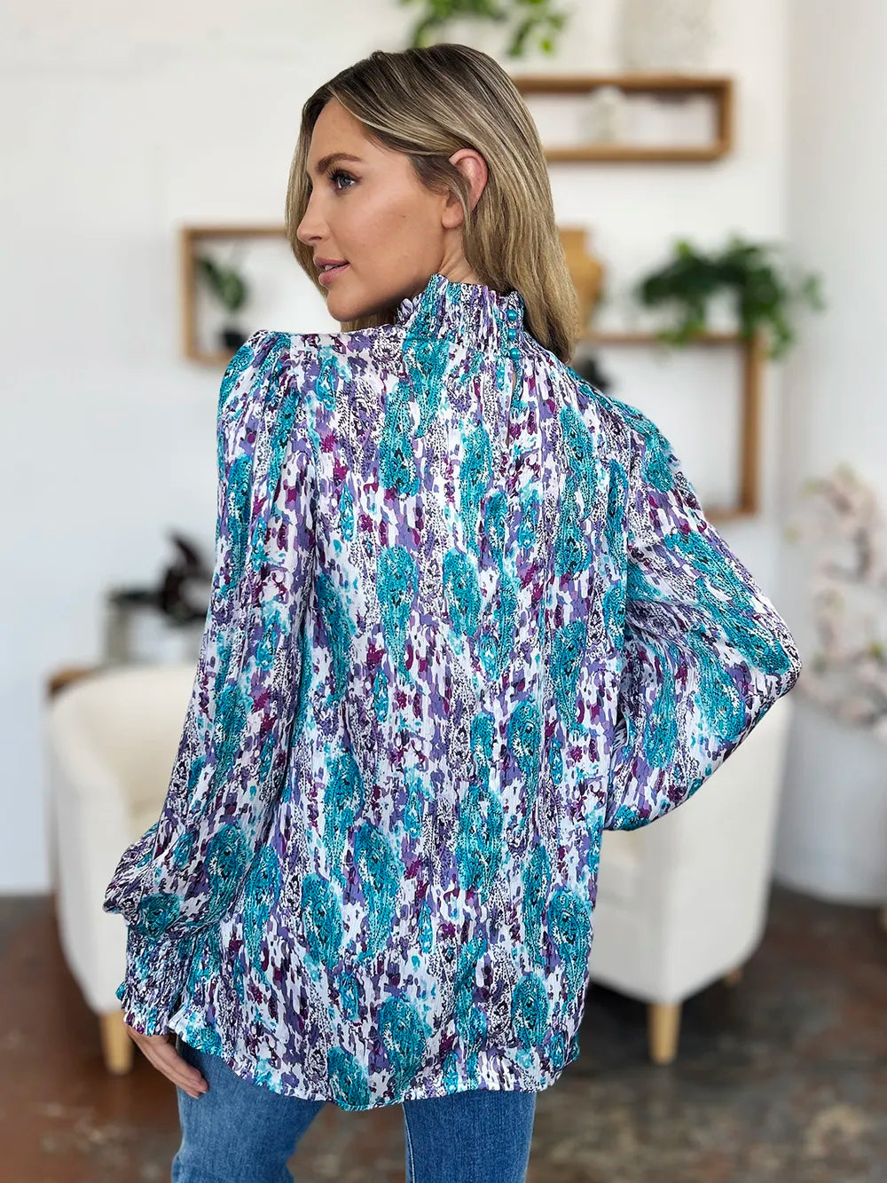 Double Take Full Size Printed Smocked Long Sleeve Blouse nicholesgifts