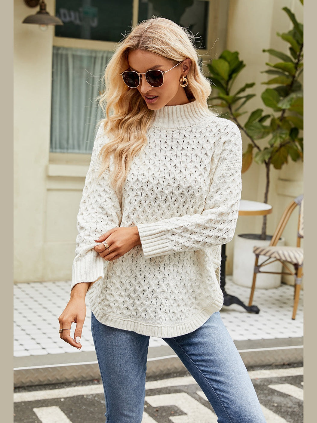 Slit Long Sleeve Mock Neck Sweater Trendsi