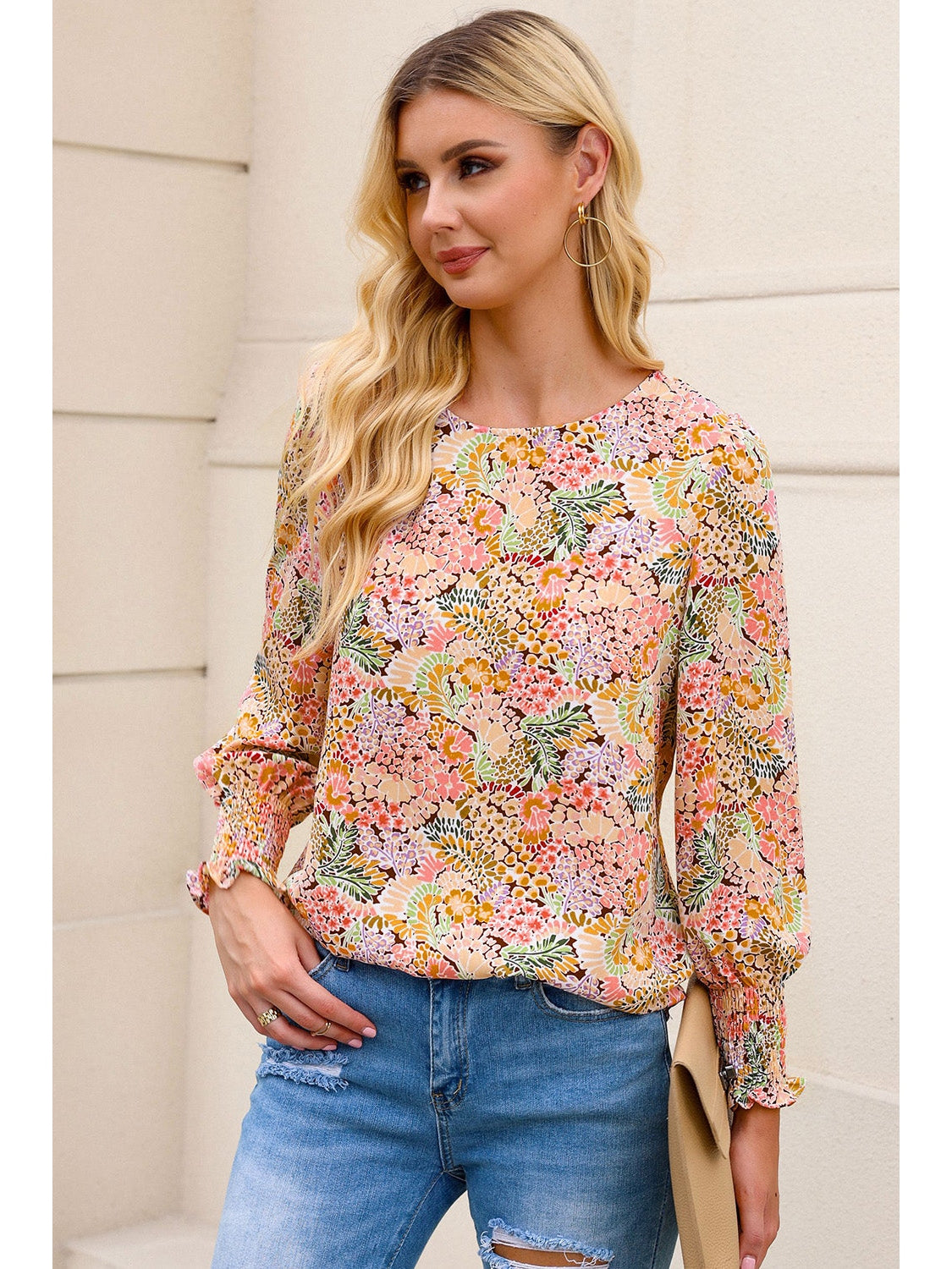 Women Floral Print Long Puff Sleeve Blouse nicholesgifts