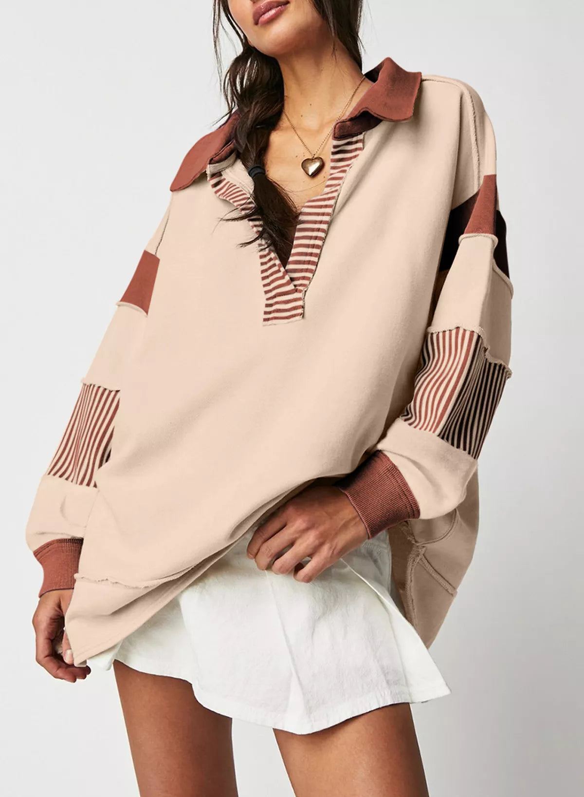 Color Block Striped Johnny Collar Sweatshirt nicholesgifts