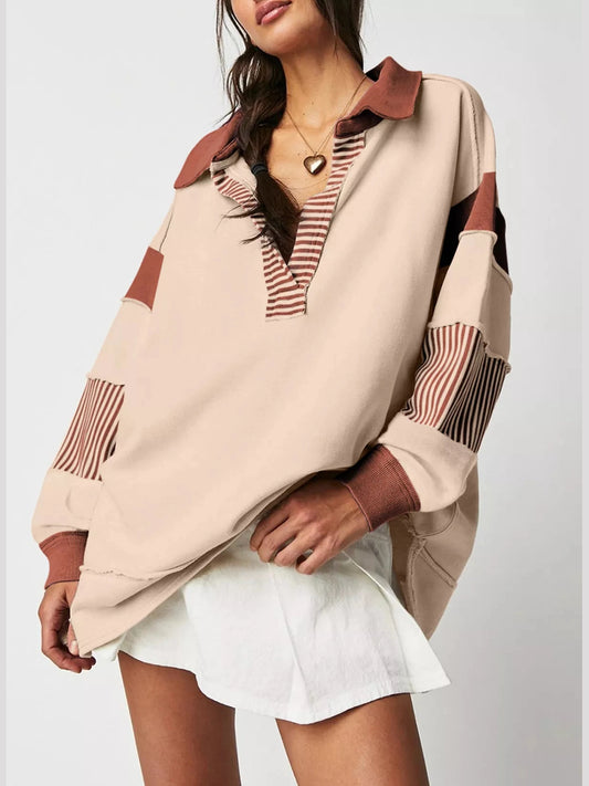 Color Block Striped Johnny Collar Sweatshirt nicholesgifts