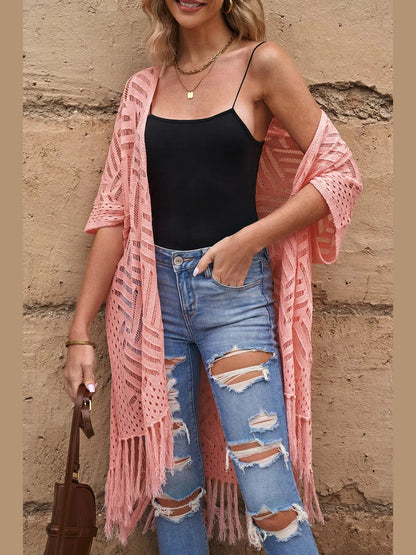 Openwork Open Front Cardigan with Fringes nicholesgifts