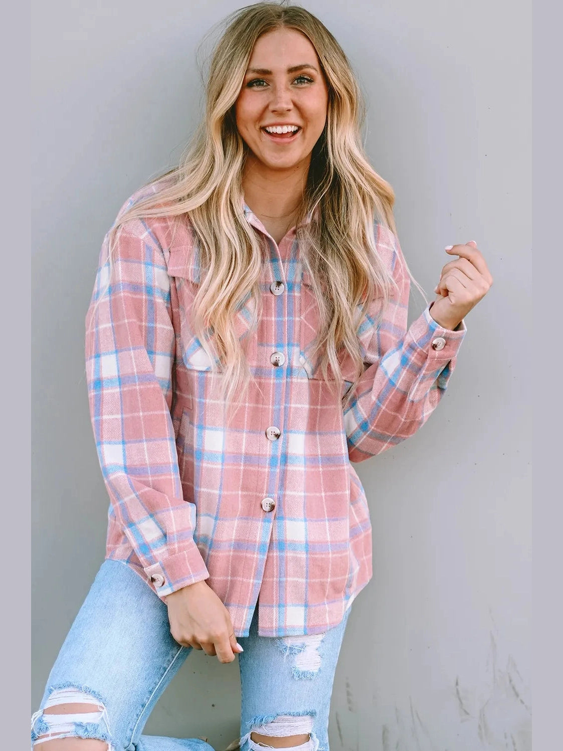 Plaid Pocketed Collared Neck Button Up Jacket nicholesgifts