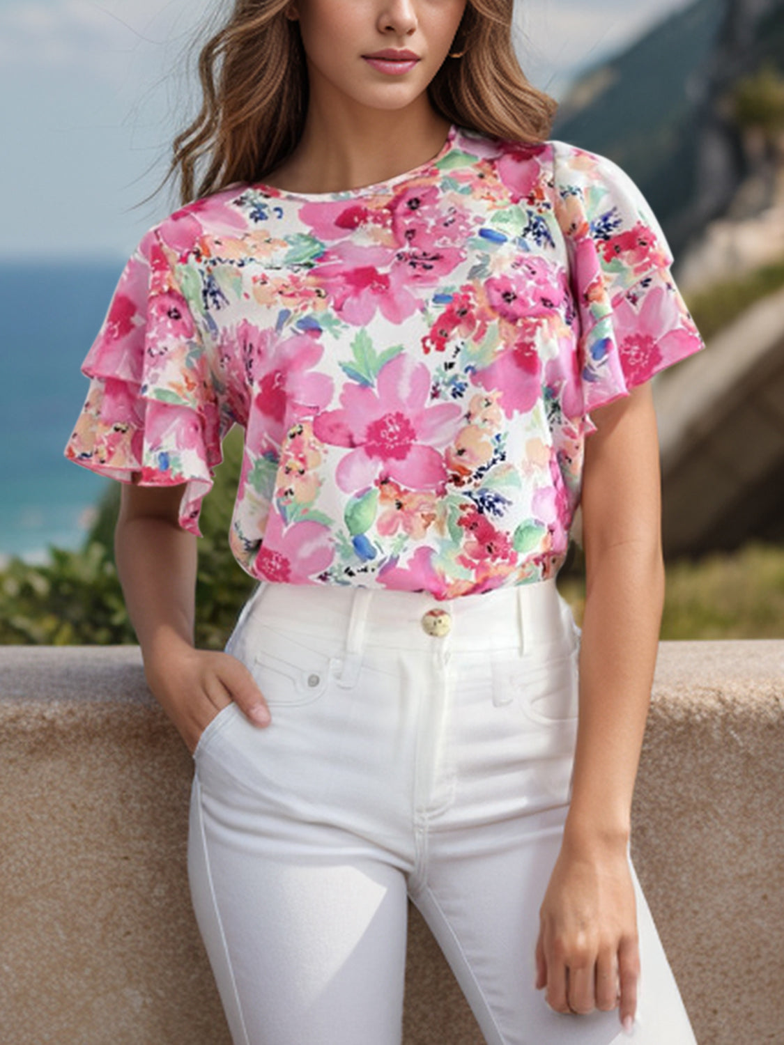 Floral Round Neck Flutter Sleeve Blouse nicholesgifts