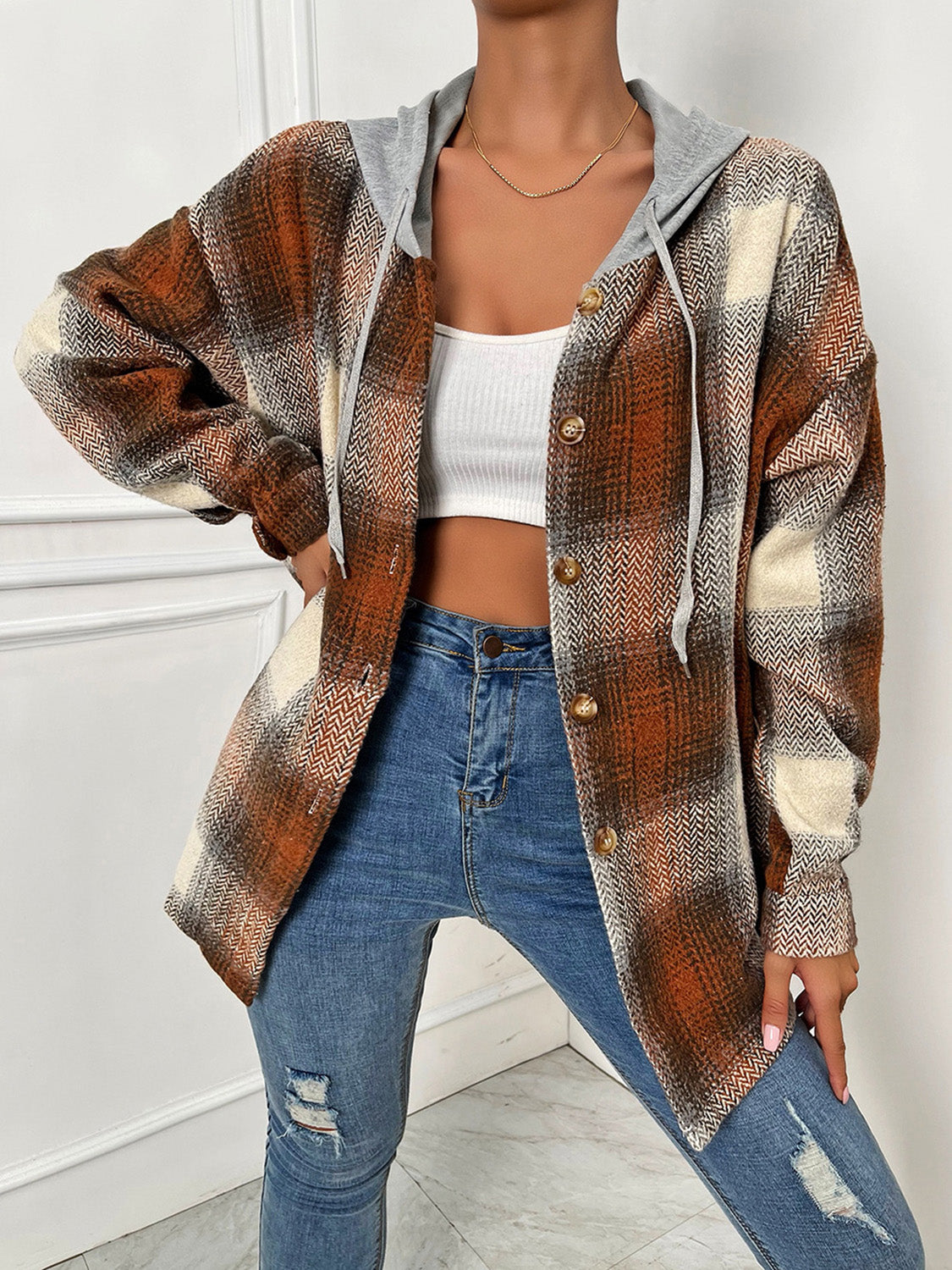 Plaid Drawstring Hooded Jacket nicholesgifts