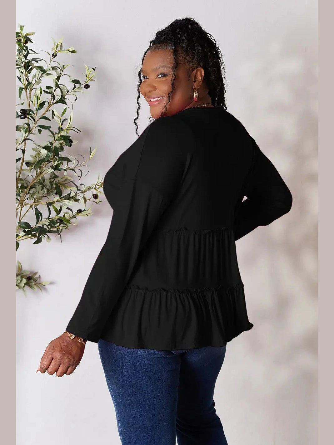 Double Take Half Button Long Sleeve Ruffle Hem Blouse nicholesgifts
