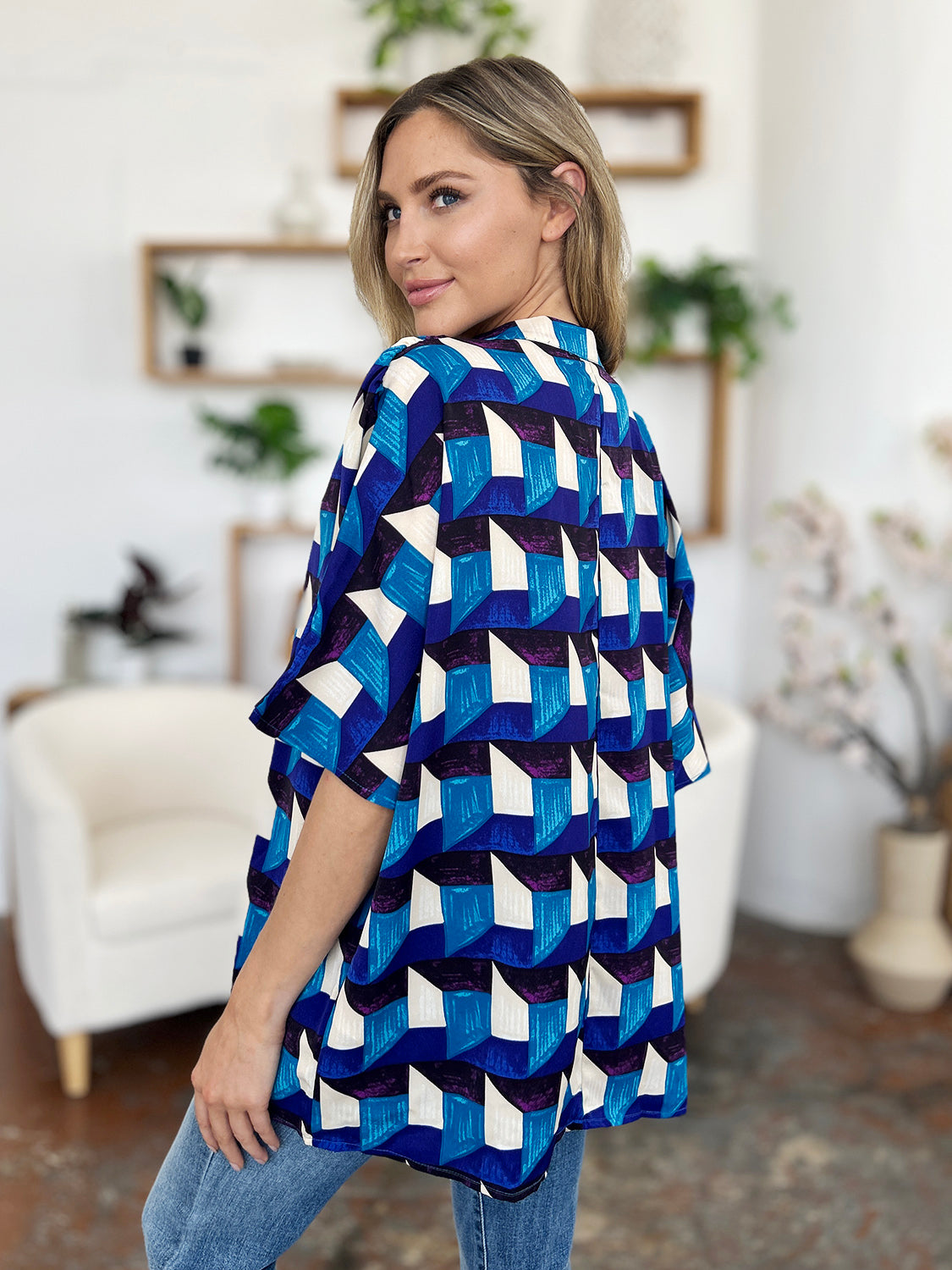 Double Take Full Size Geometric Notched Half Sleeve Blouse nicholesgifts