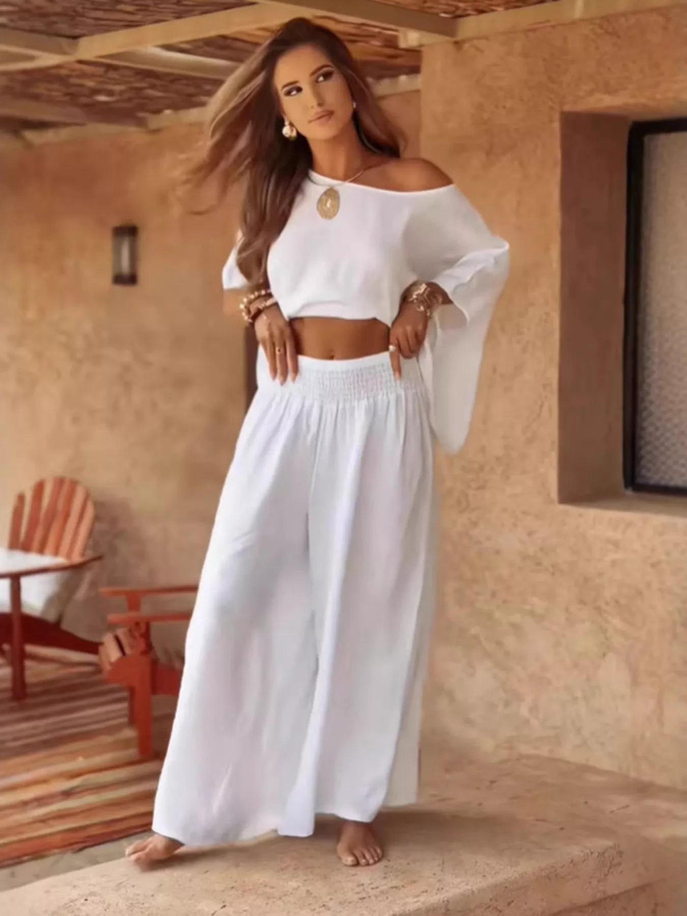 Full Size Boat Neck Top and Wide Leg Pants Set Plus Size Trendsi