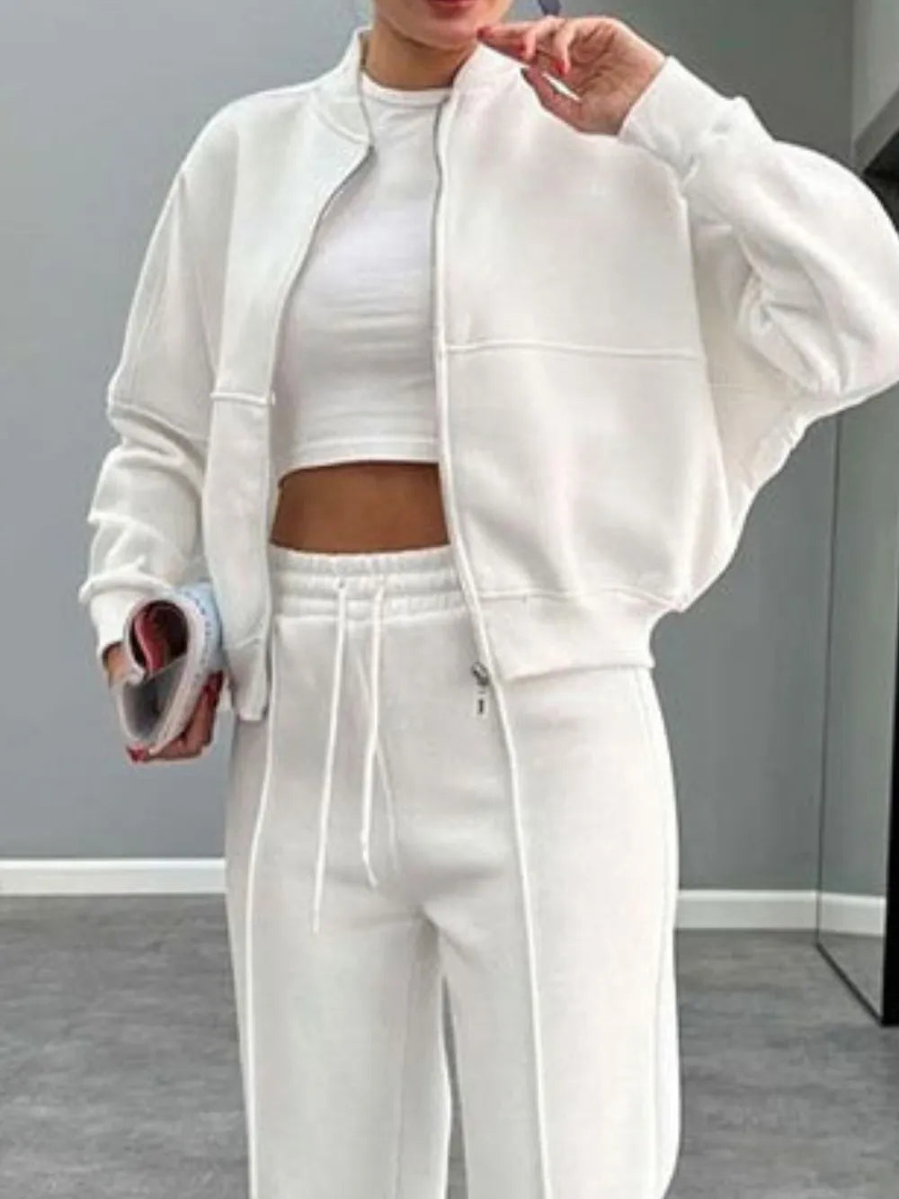 Baseball Collar Zip Up Outerwear and Drawstring Pants Set nicholesgifts