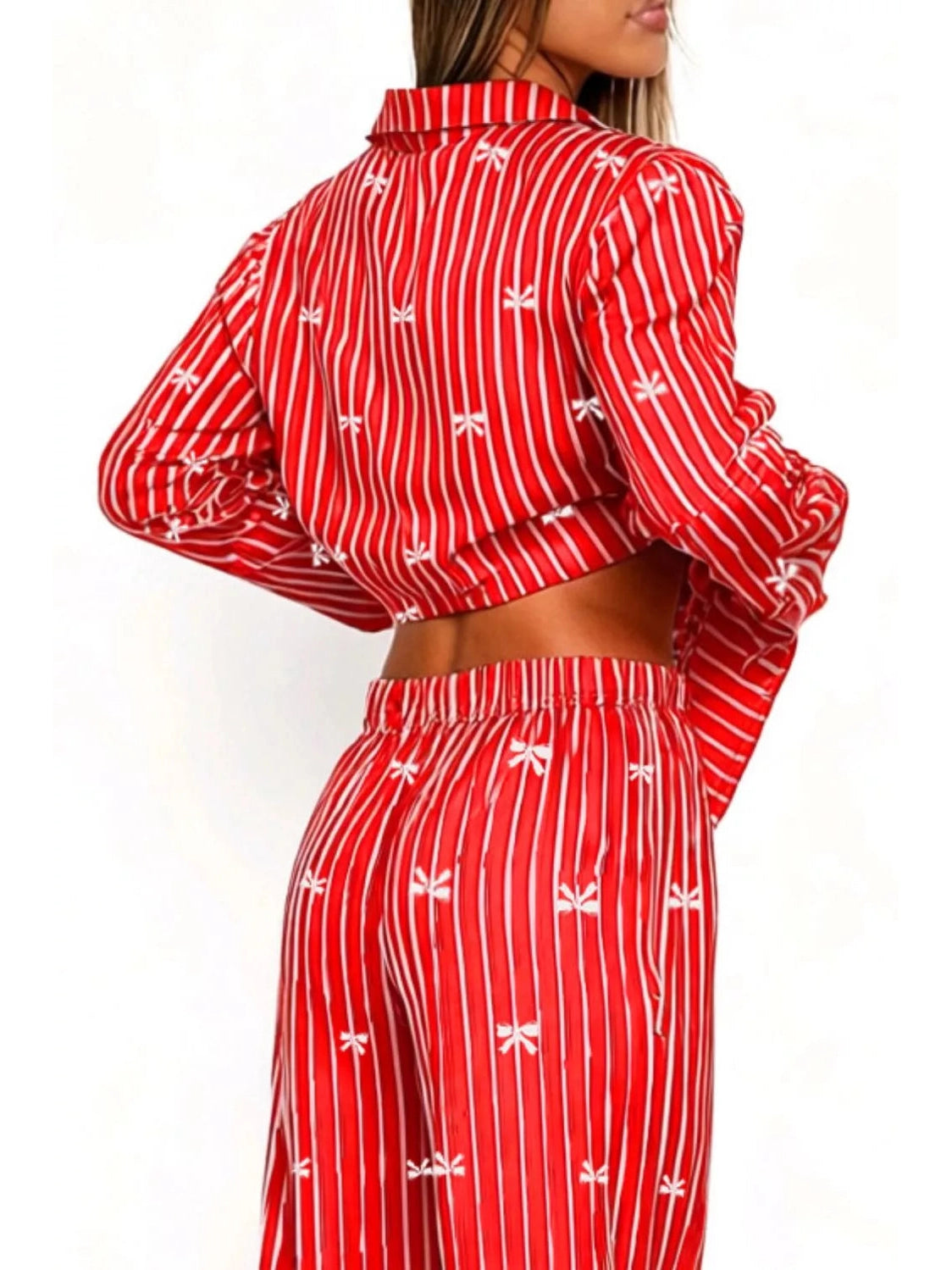 Bow Print Top and Wide Leg Pants Lounge Set nicholesgifts