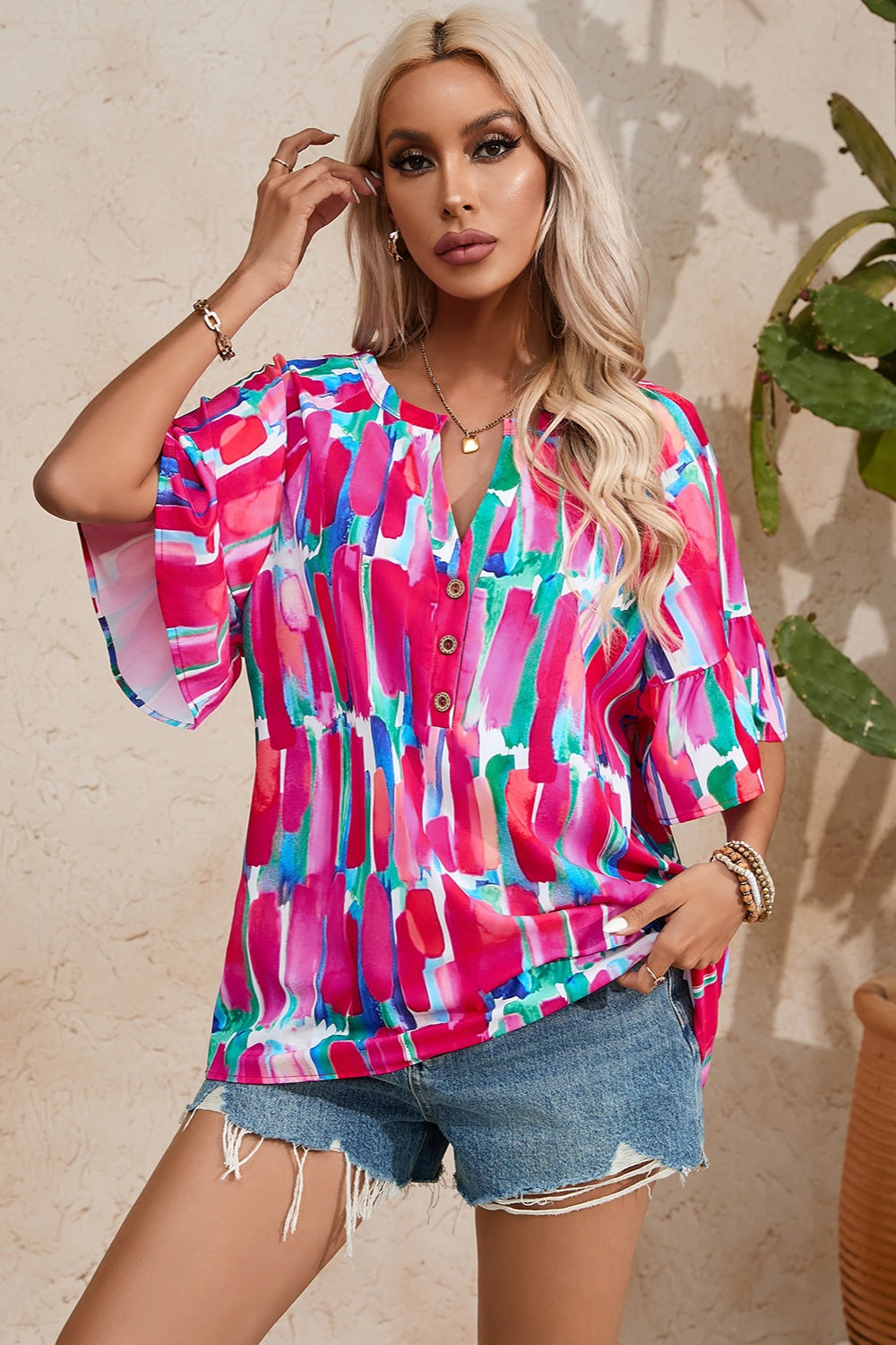 Printed Notched Half Sleeve Blouse nicholesgifts