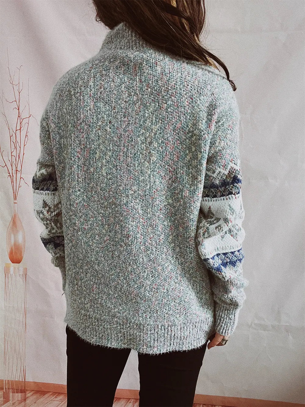 Geometric Mock Neck Dropped Shoulder Sweater Trendsi
