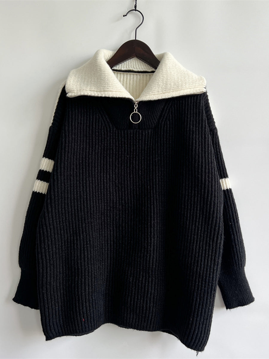 Ribbed Two-Tone Half Zip Sweater Trendsi
