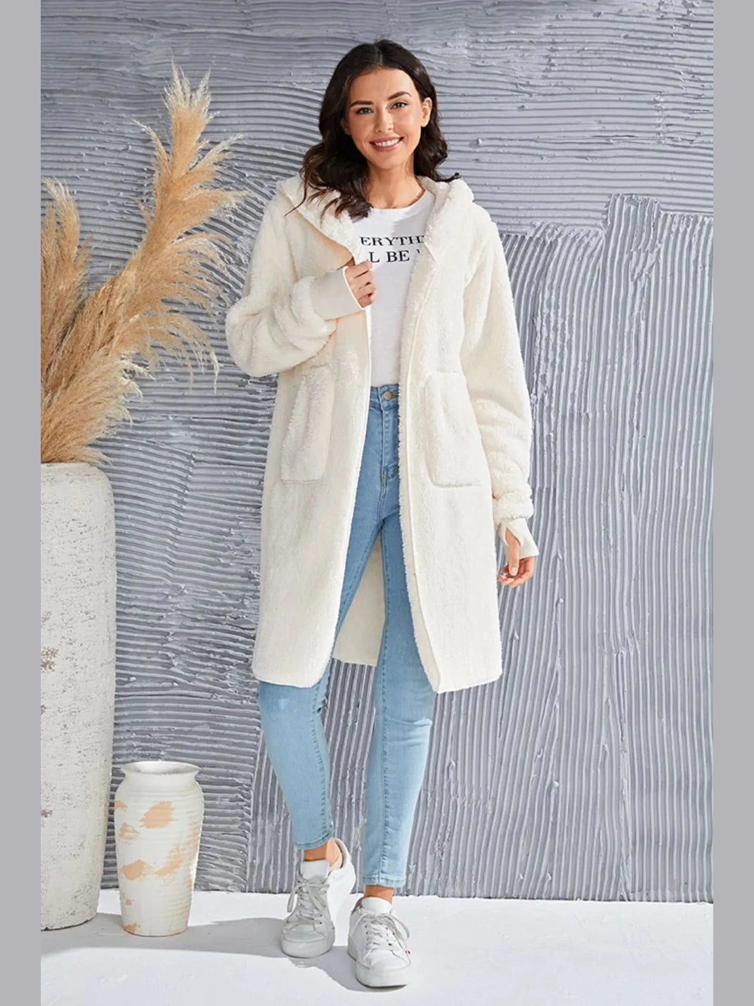 Double Take Full Size Hooded Teddy Bear Jacket with Thumbholes nicholesgifts