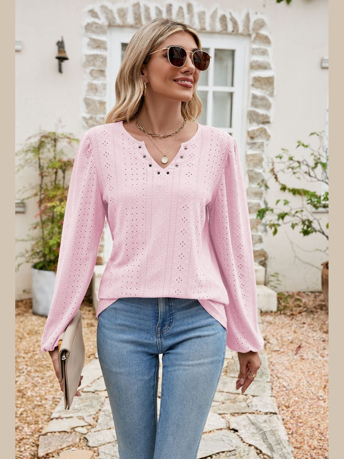 Eyelet Notched Neck Balloon Sleeve Blouse