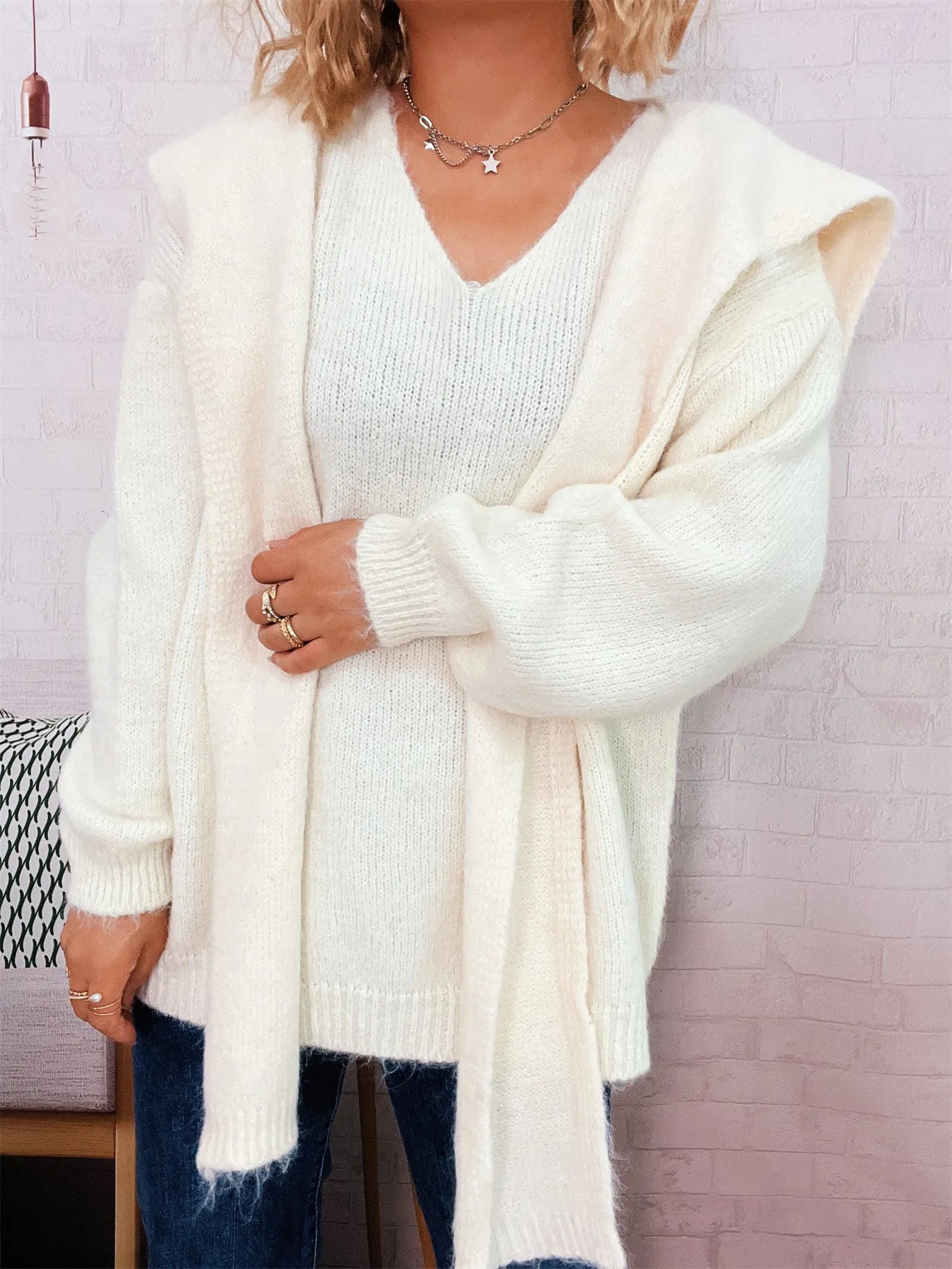 Ribbed Hem V-Neck Sweater with Shawl Trendsi