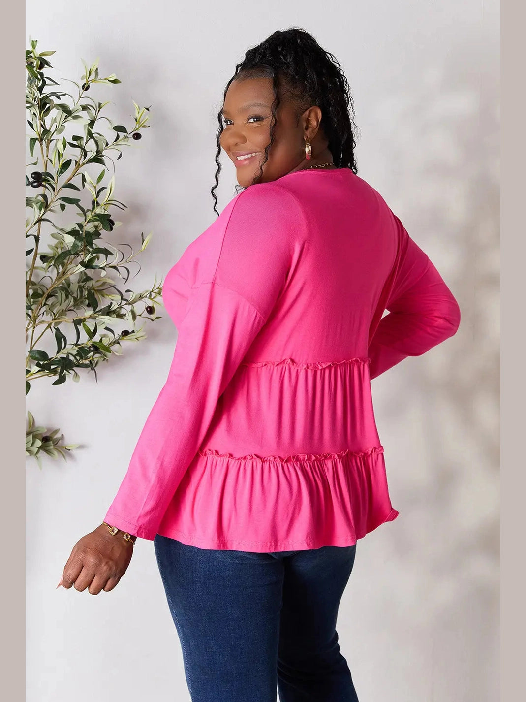 Double Take Half Button Long Sleeve Ruffle Hem Blouse nicholesgifts