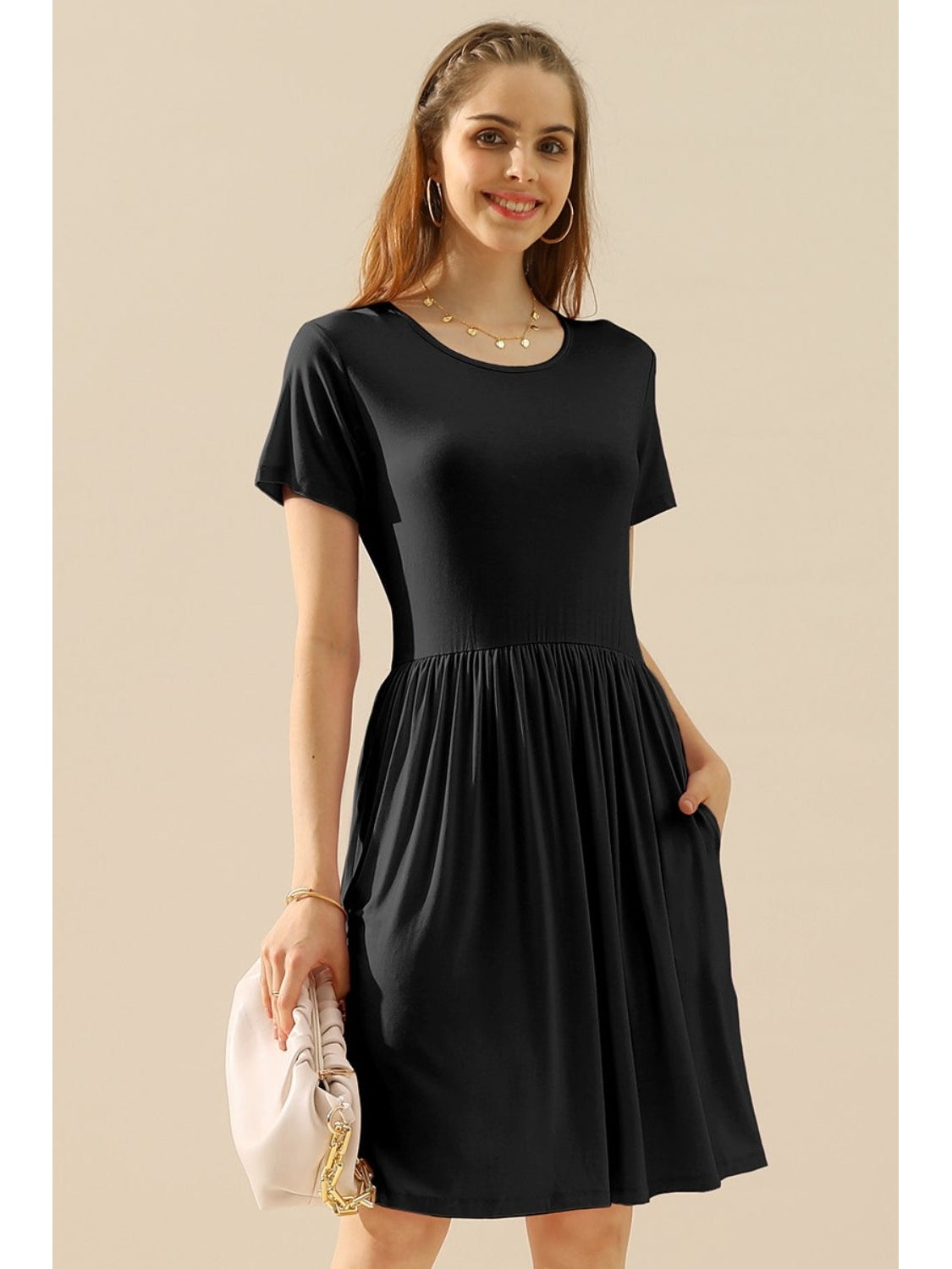 Ninexis Full Size Round Neck Ruched Dress with Pockets nicholesgifts