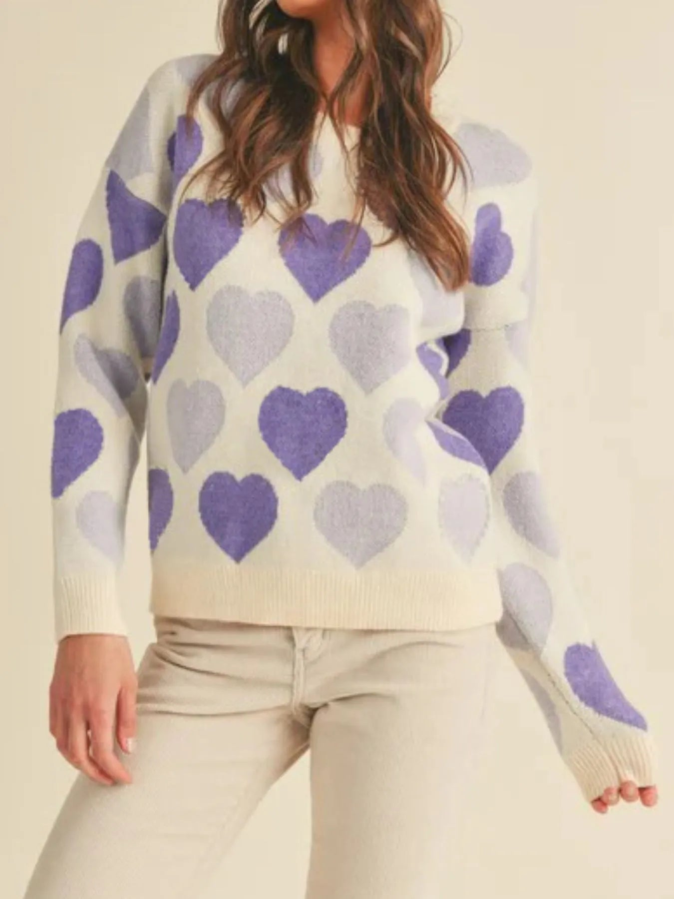 Women Heart Ribbed Hem Long Sleeve Sweater For Valentine's Day Gift For Her nicholesgifts