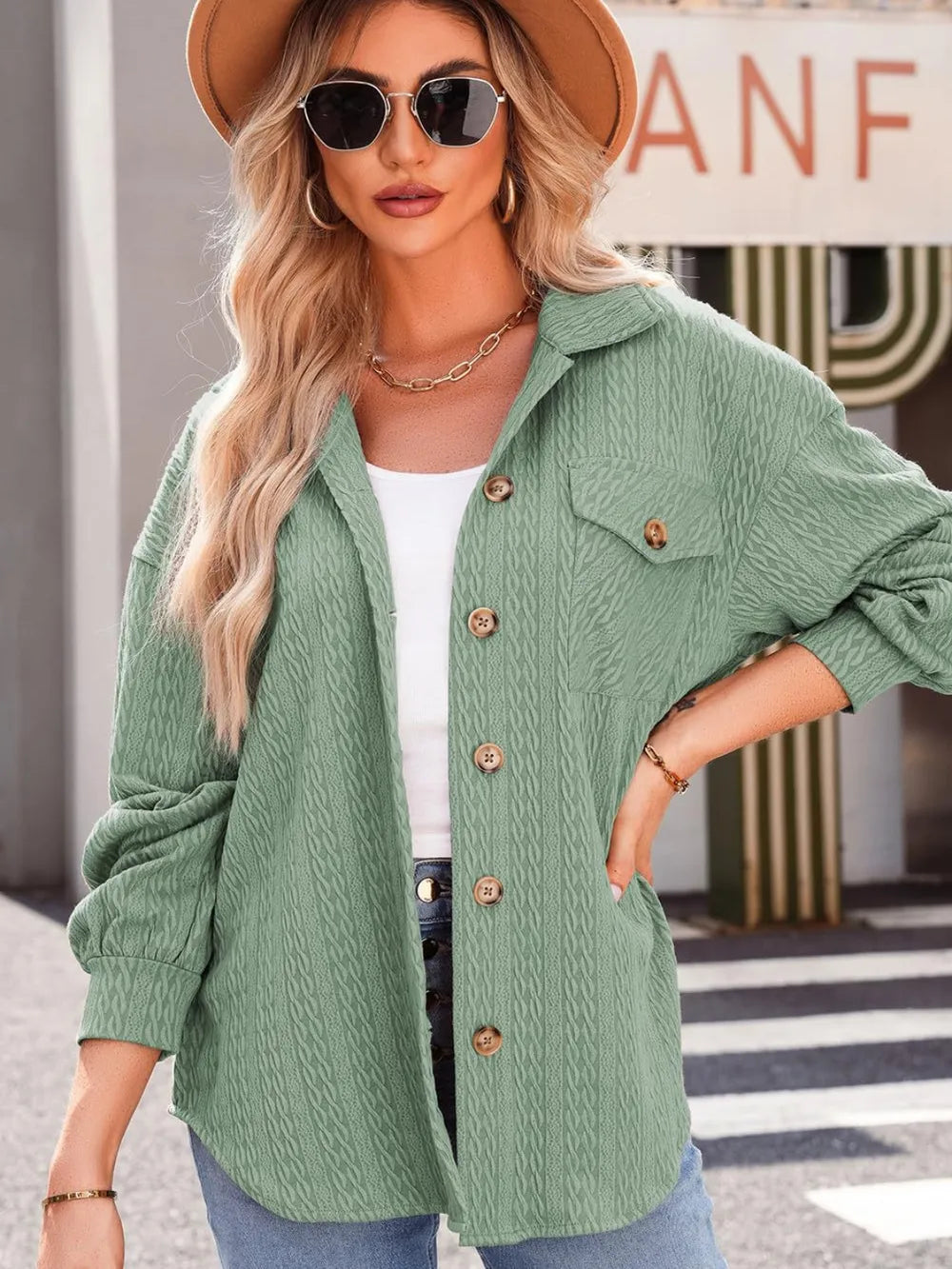 Textured Button Up Long Sleeve Shacket nicholesgifts