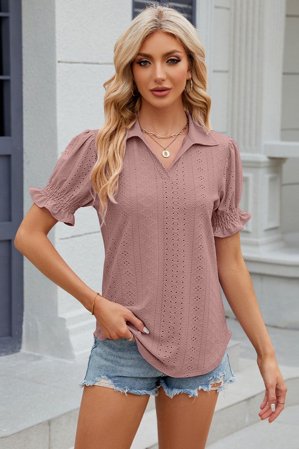 Eyelet Johnny Collar Short Sleeve Blouse nicholesgifts