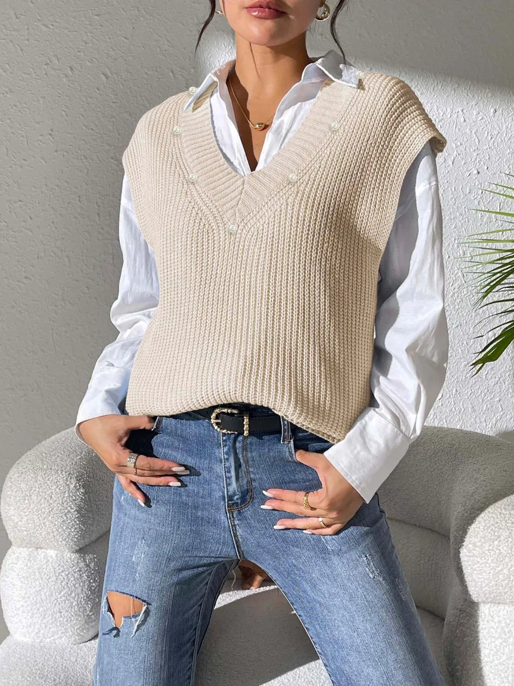 Pearl Trim V-Neck Sweater Vest nicholesgifts