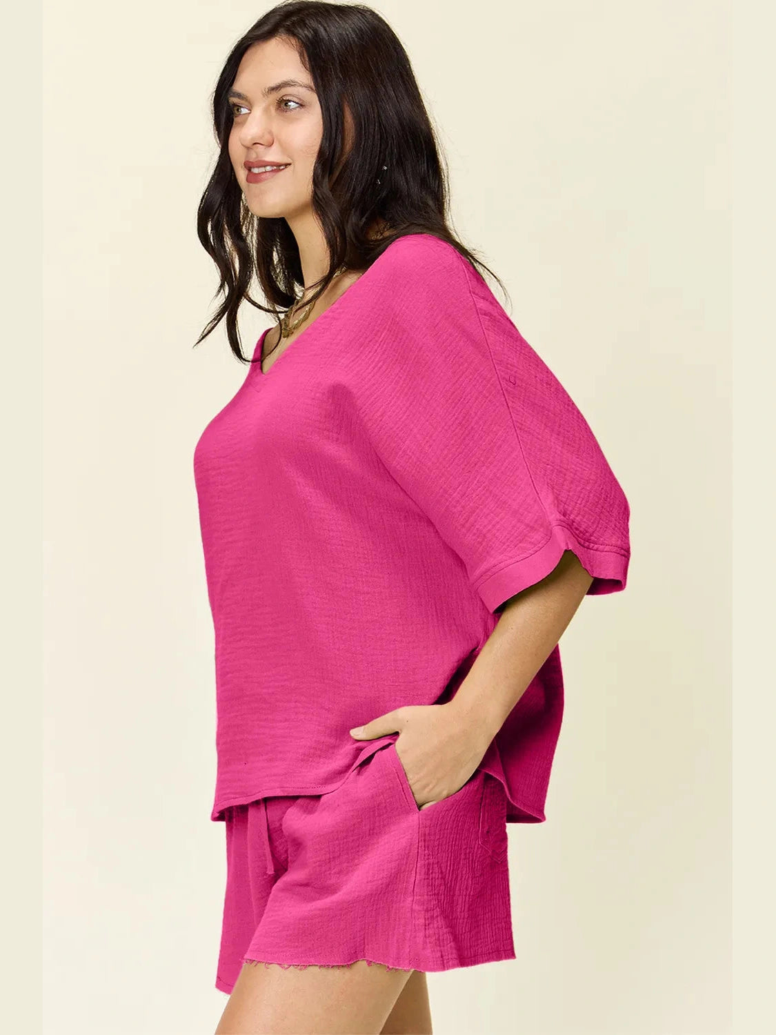 Double Take Texture Half Sleeve T-Shirt and Drawstring Shorts Set NicholesGifts