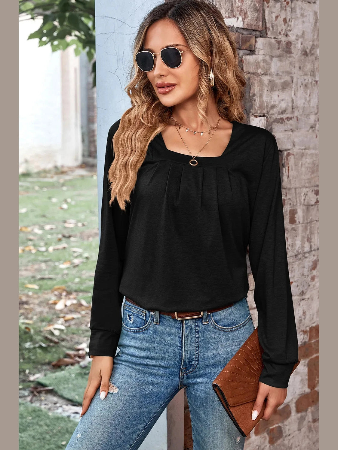 Ruched Square Neck Long Sleeve T-Shirt NicholesGifts
