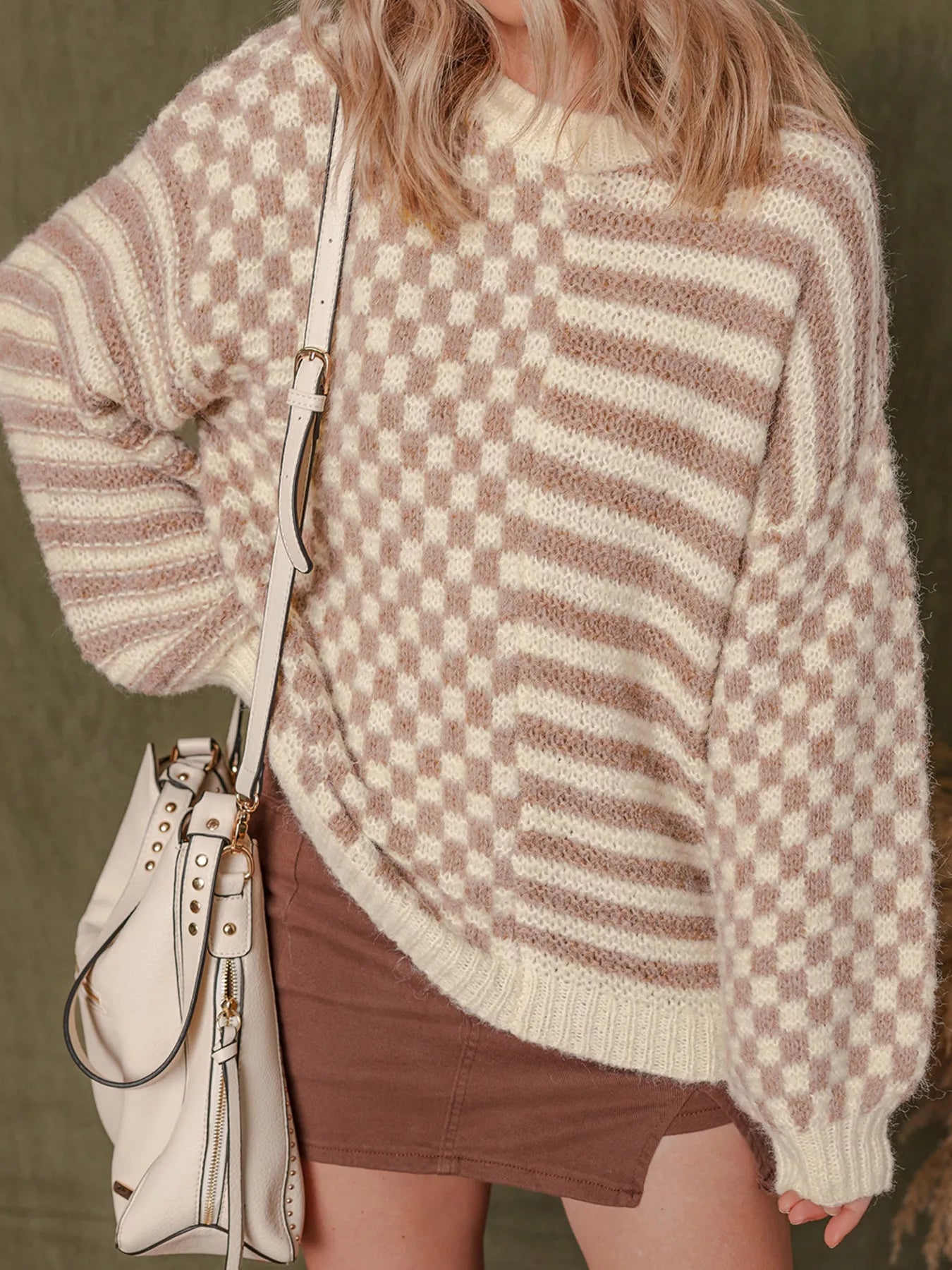 Stripe Checkerboard Drop Shoulder Balloon Sleeve Sweater Trendsi