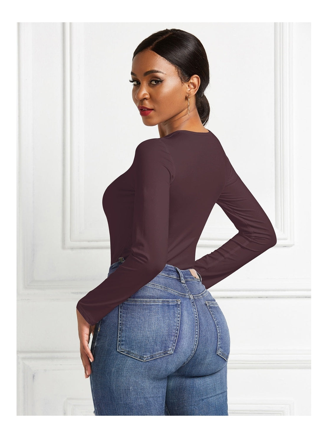 Women Round Neck Long Sleeve Bodysuit nicholesgifts