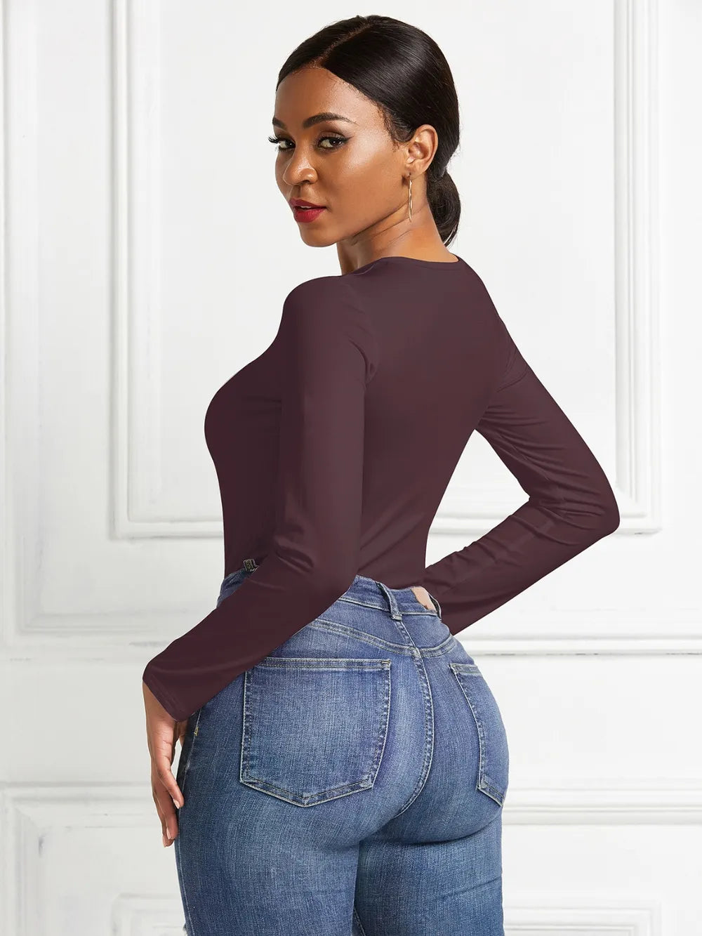 Round Neck Long Sleeve Bodysuit nicholesgifts