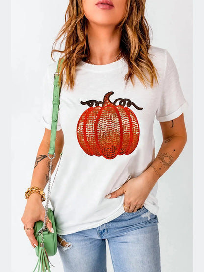 Full Size Sequin Pumpkin Round Neck Short Sleeve T-Shirt nicholesgifts