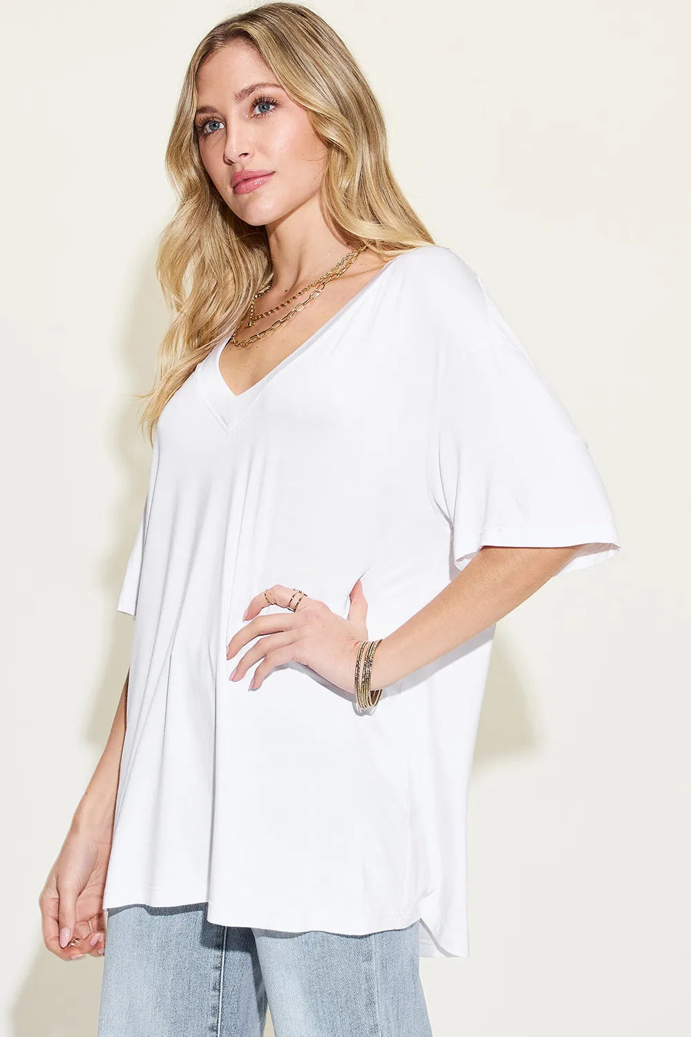 Basic Bae Full Size Bamboo V-Neck Drop Shoulder T-Shirt NicholesGifts