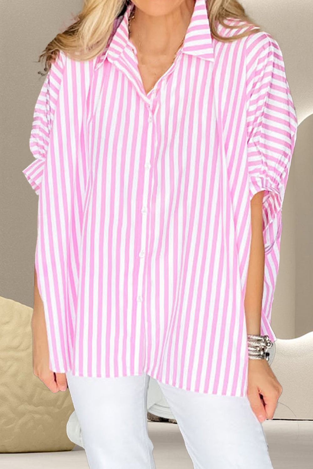 Striped Collared Neck Half Sleeve Shirt nicholesgifts