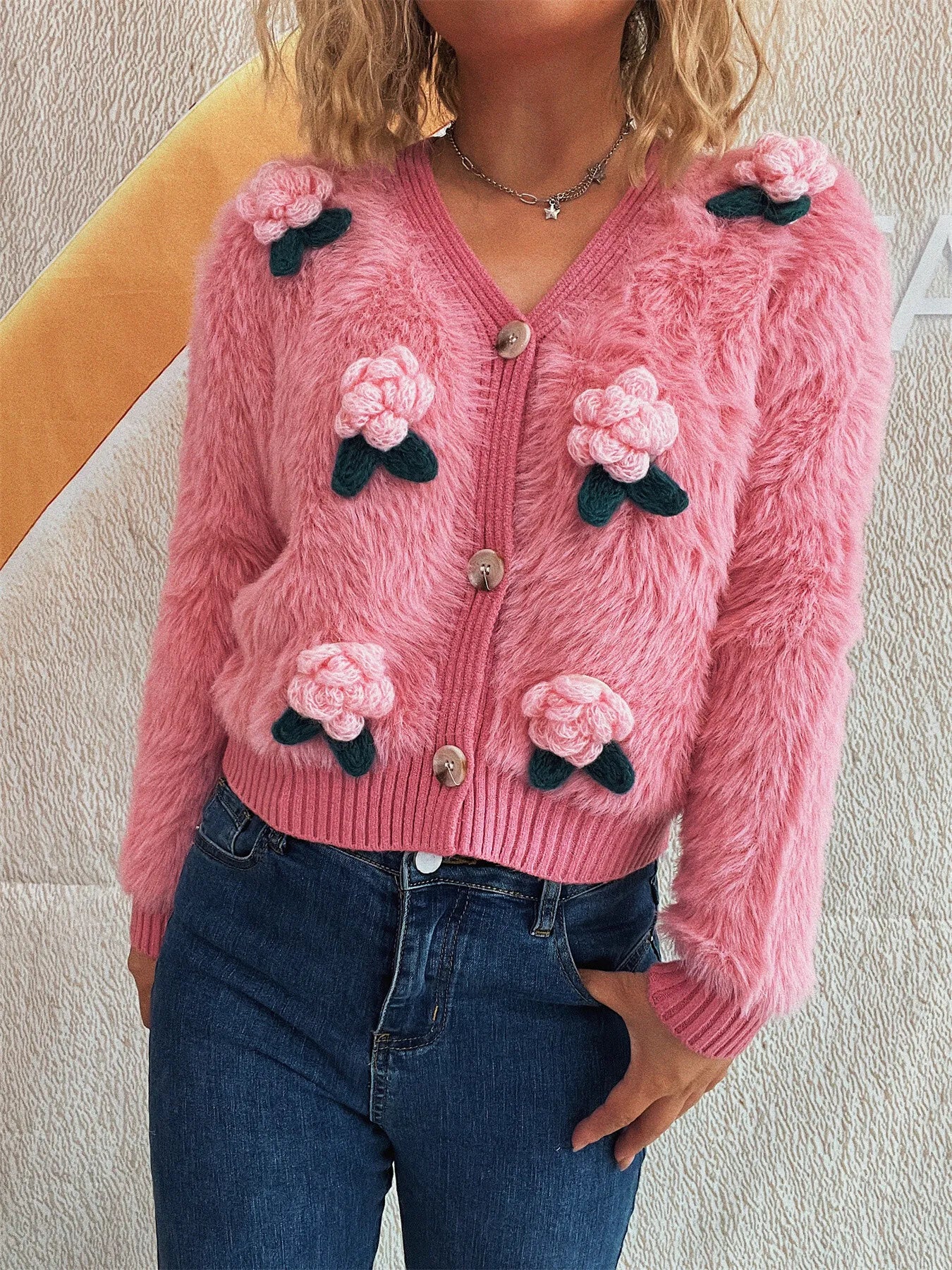 Flower Fuzzy Button-Up Cardigan