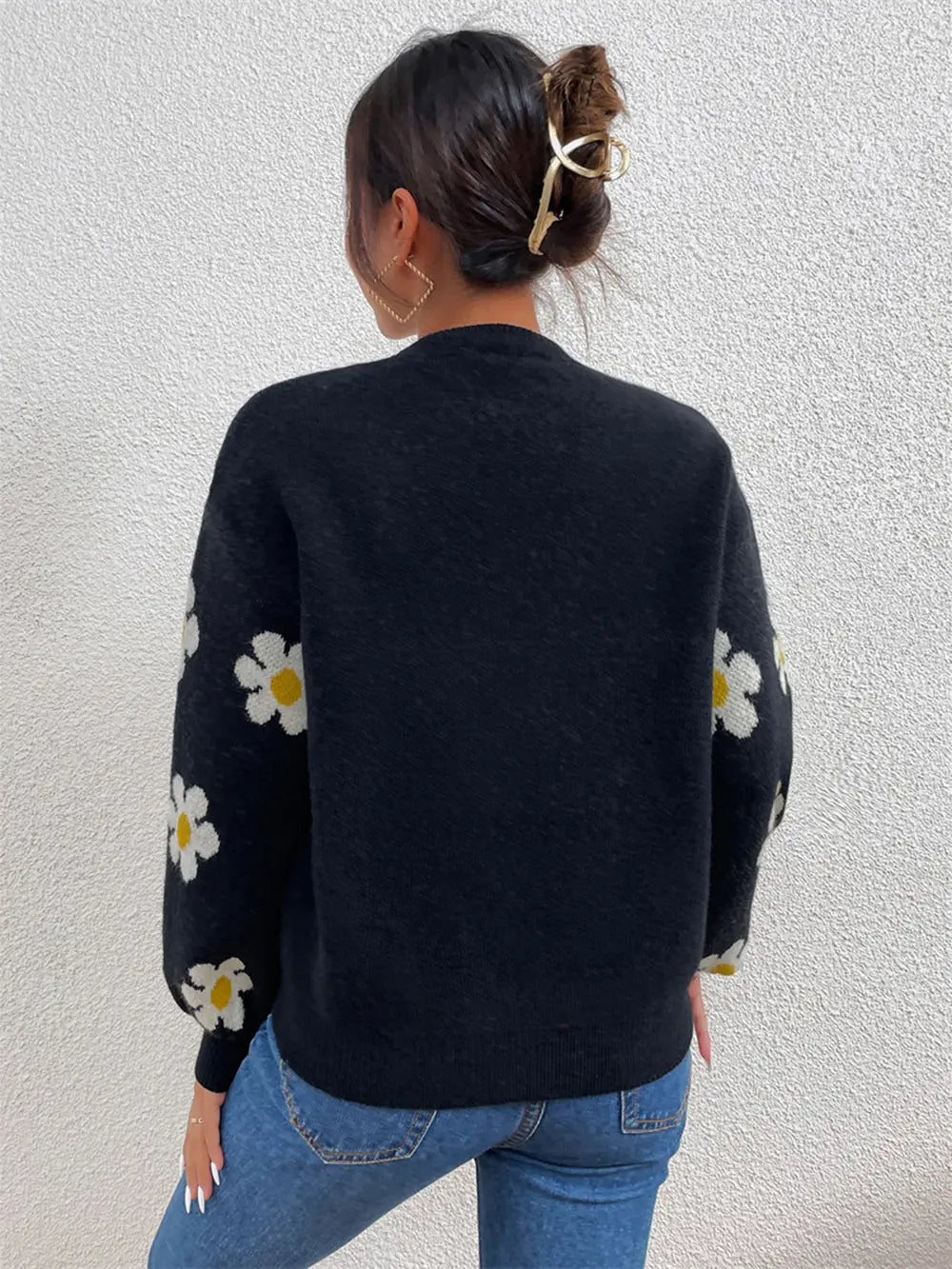 Flower Round Neck Latern Sleeve Sweater Trendsi
