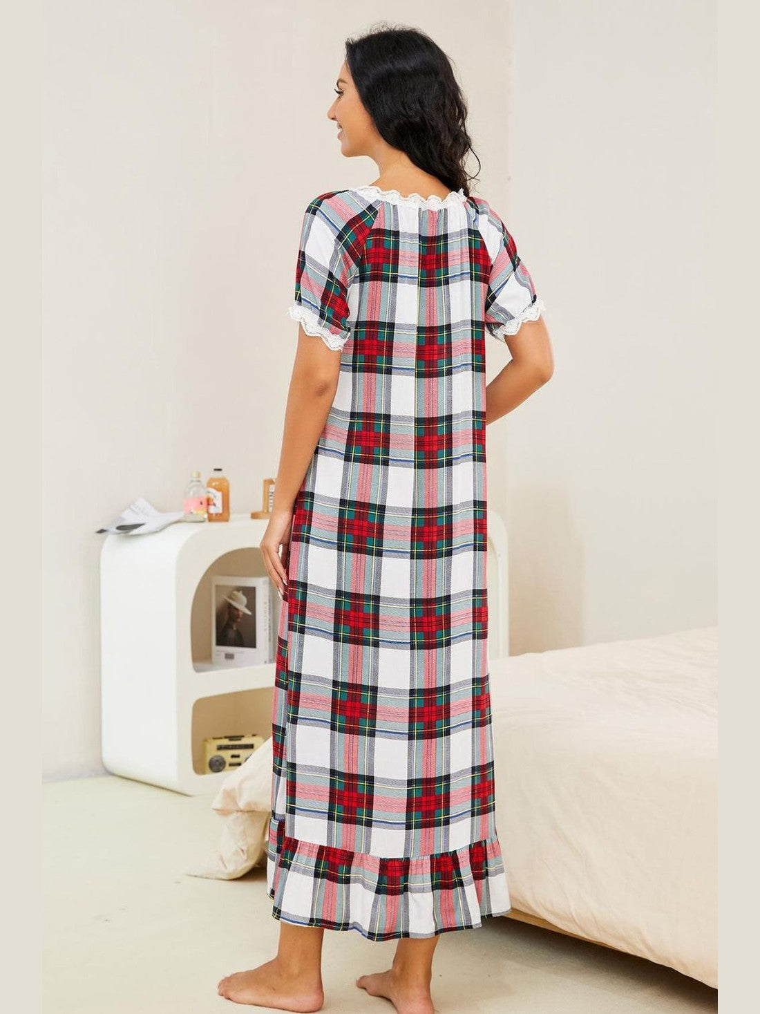 Plaid Lace Trim Ruffle Hem Night Dress nicholesgifts