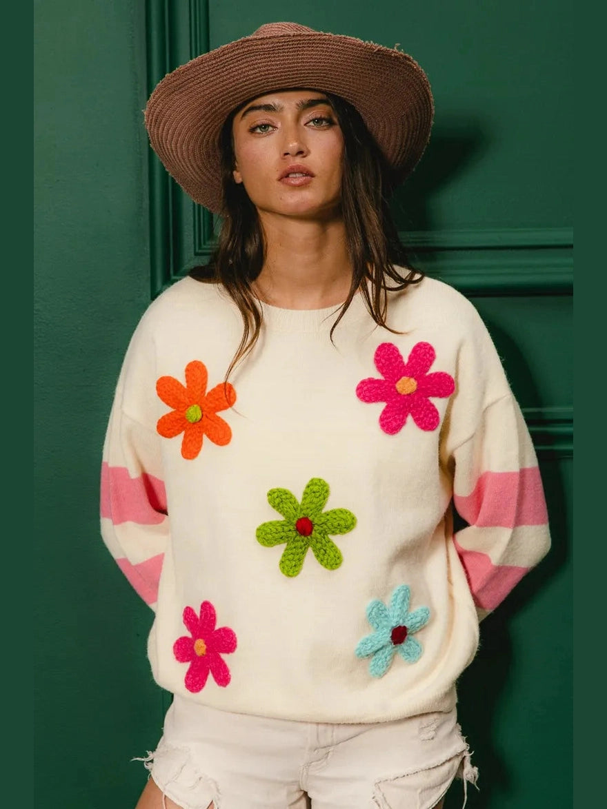 BiBi Colorful Floral Patched Sweater with Striped Sleeve Trendsi