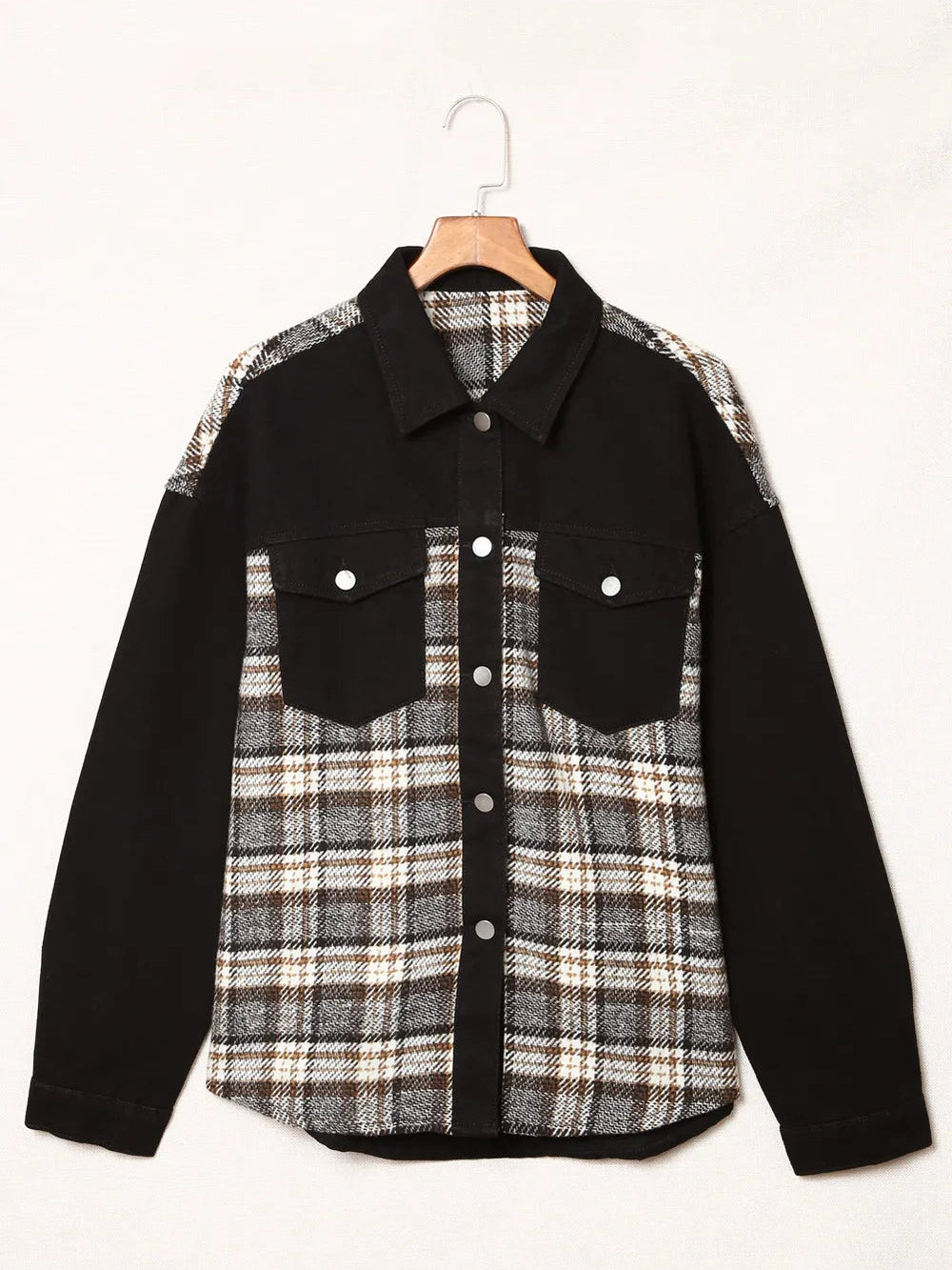 Plaid Pocketed Button Up Denim Jacket nicholesgifts