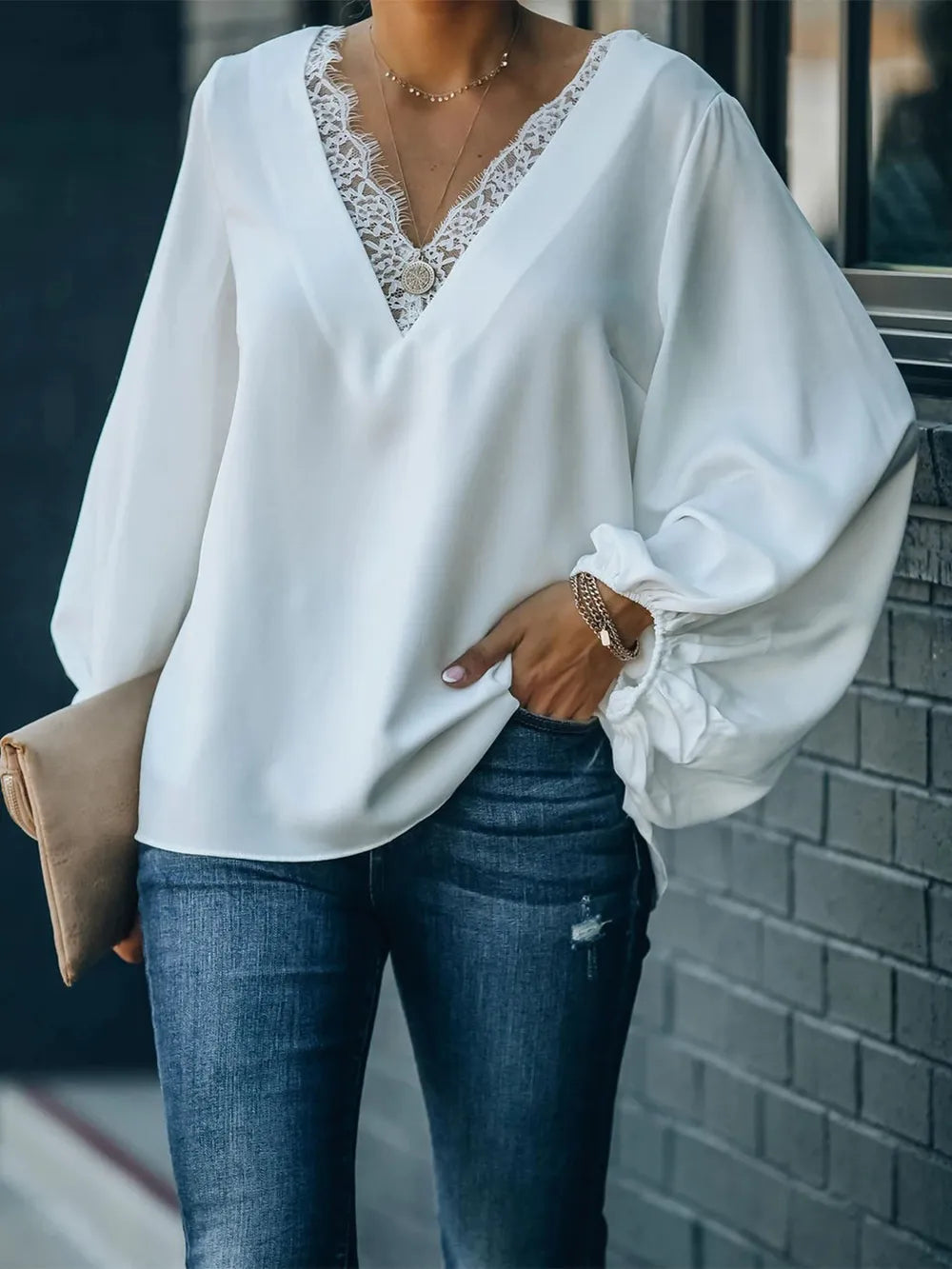 Lace Detail V-Neck Long Sleeve Blouse NicholesGifts